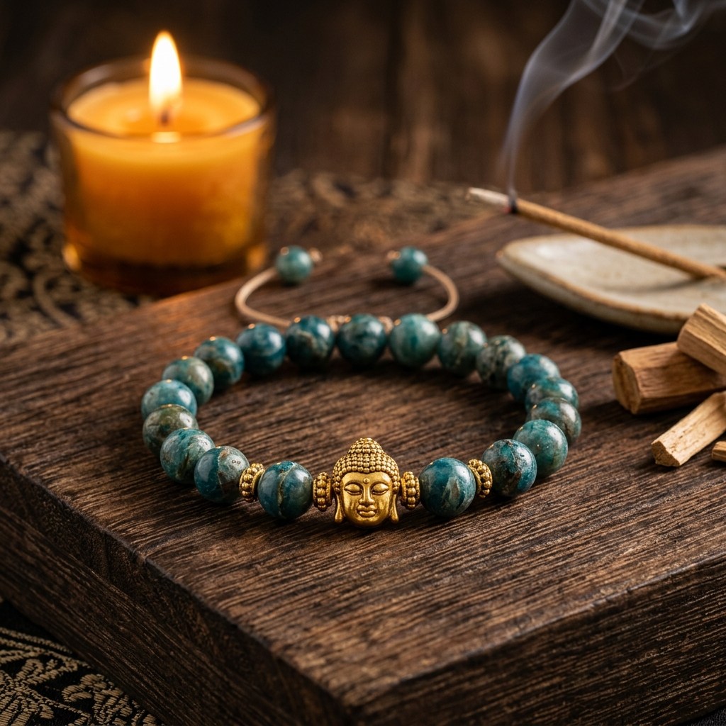 Blue green beaded bracelet with Buddha charm