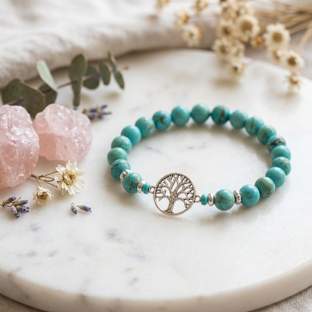Turquoise bracelet with tree of life charm